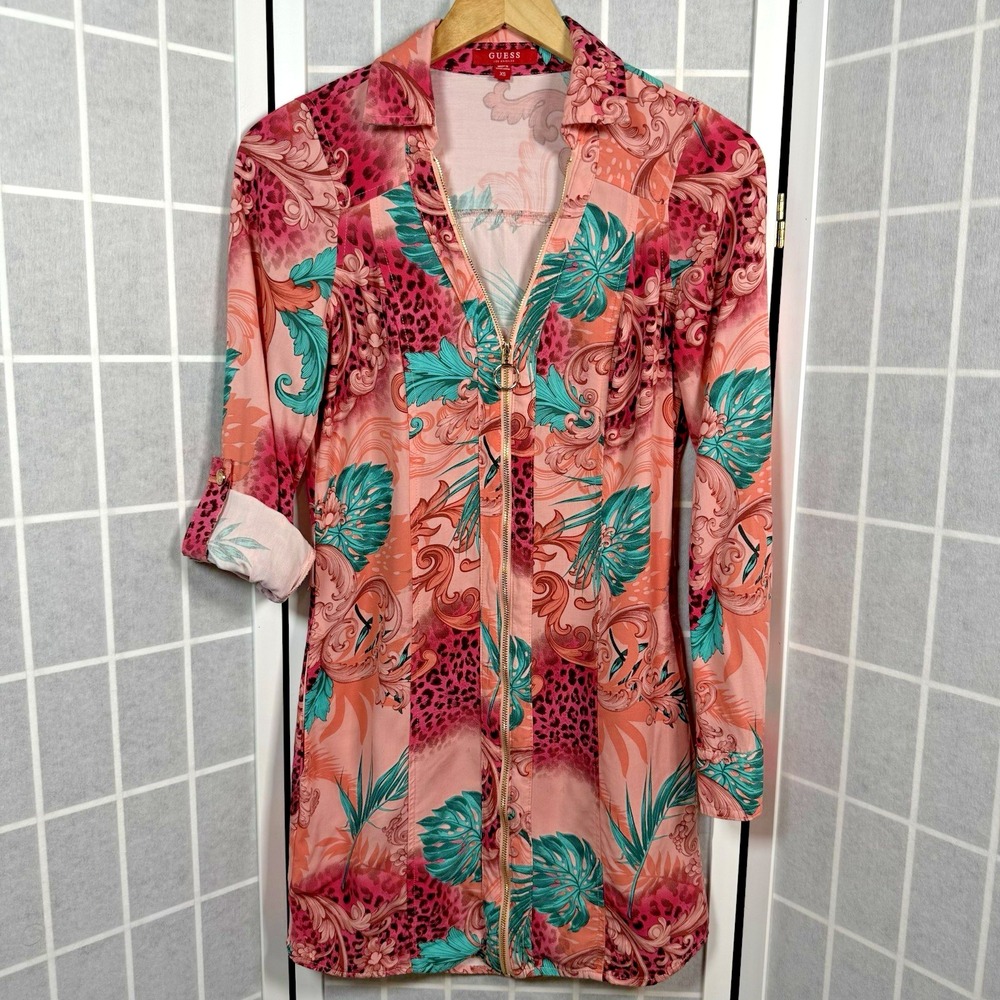Guess Dress Womens XS Floral Animal Print Bodycon Gold Zip Resort